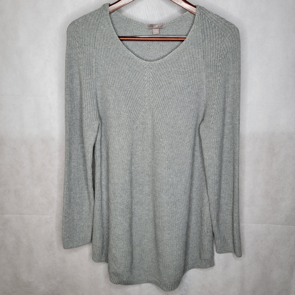 J Jill Sweater Gray V-neck Long Sleeve Pullover Ribbed Knit Cotton Blend Small